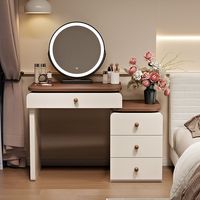 Coiffeuse moderne style crème extensible avec meuble de rangement, miroir LED et éclairage réglable 3 couleurs, finition noyer, pour chambre à coucher