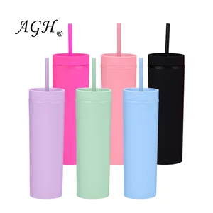 USA Warehouse Wholesale Slim Skinny Acrylic Pastel Colored Matte Tumblers 16oz Plastic Reusable Tumbler Cups With Straw