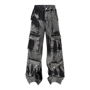 Jean homme vintage américain rétro funky en denim clair, coupe mi-large, style urbain, effet peinture éclabossée industriel, délavé ODM - Product Image 1