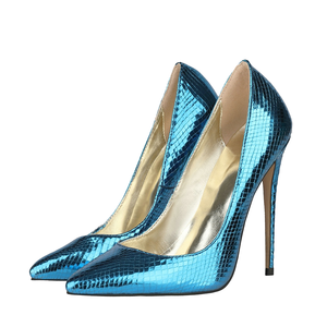 Royal Blue Metallic PU Hollow Spike <b>Heels</b> Women Dress Shoes Pointed Toe Sexy Pencil Slip-On Closure Spring Summer 12cm - Product Image 1