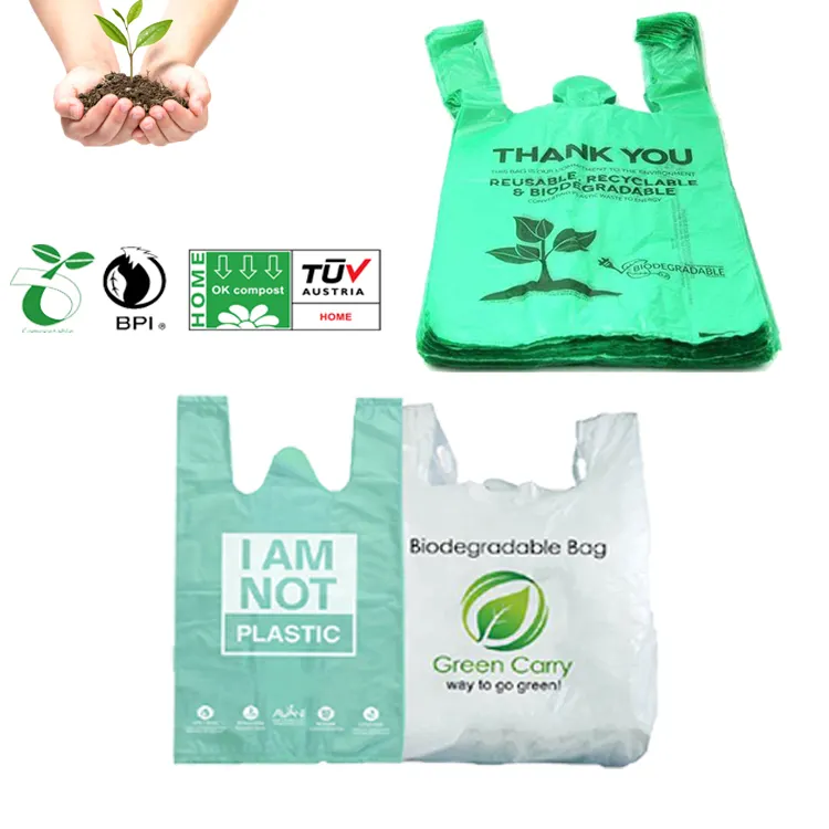 Pla recycled grocery 100% potato corn starch bio degradable d2w polyethylene supermarket shopping carry tshirt plastic bags