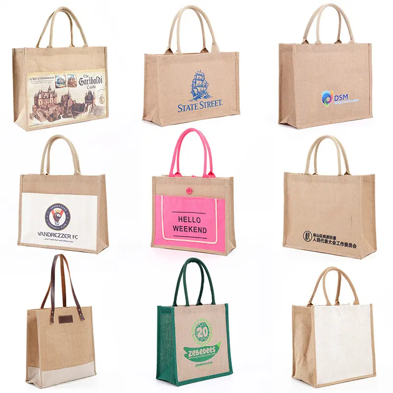 Low MOQ Natural burlap tote bags jute reusable shopping bag Eco linen tote bag grocery custom logo printing