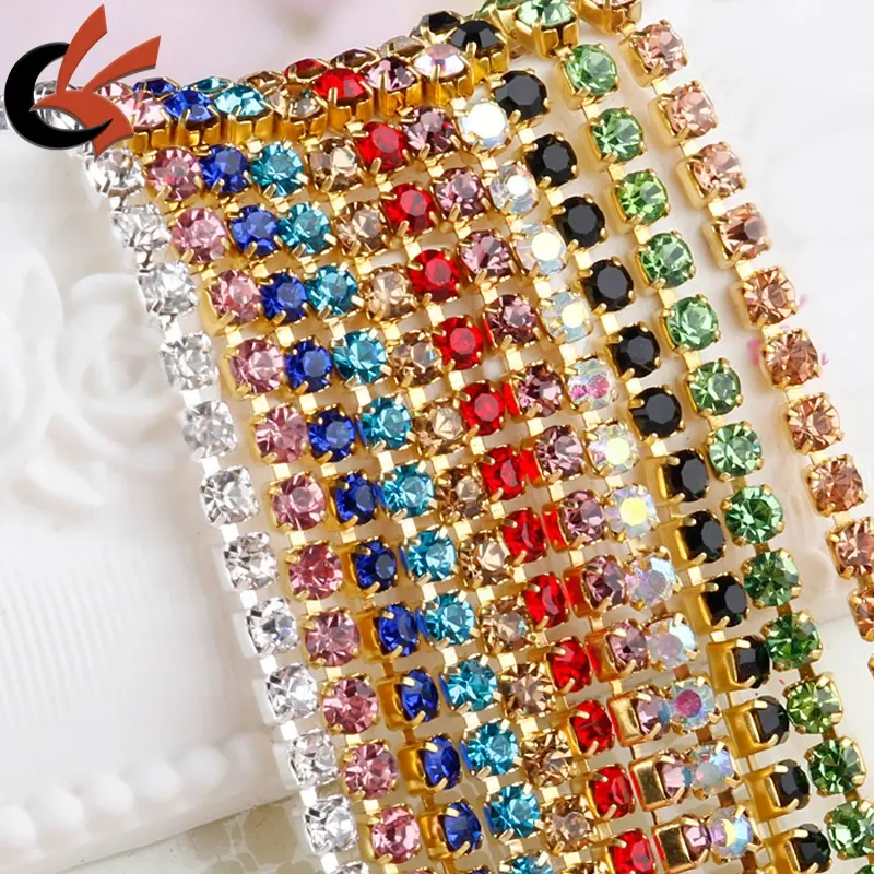 Colour crystal gold tone rhinestone chain roll wedding rhinestone chain