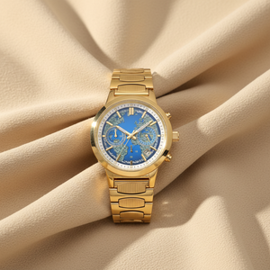 Montre chronographe pour homme avec cadran carte du monde, boîtier en acier inoxydable poli, fenêtre de date, bracelet en métal texturé, montre de voyage et d'affaires - Product Image 1