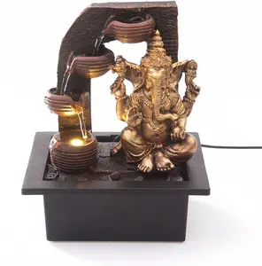 Polyresin Ganesha Met Water Cups Indoor Water Fontein Met Led Licht | Maat 21*17.5*25 Cm | 3 Pin Uk Plug Inbegrepen