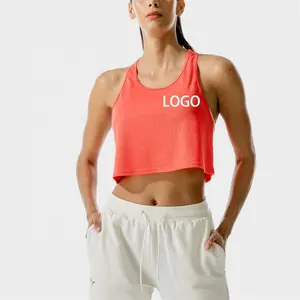 OEM Custom Recycled Polyester Lightweight Mesh U collar sport vest fitness training running workout Gym Cropped Women's Tank Top