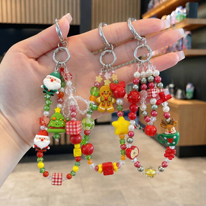 Chaîne de téléphone perlée en forme d'homme en pain d'épices de Noël, avec perles de cristal et acrylique, lanière de poignet, porte-clés, ornement pour sac ou appareil photo - Product Image 1