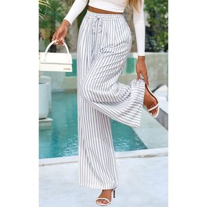Pantalones anchos para mujer, cintura elástica, tiro alto, ligeros, informales, transpirables, estilo palazzo, para estar en casa - Product Image 4