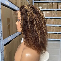 Perruque Afro Bouclée Kinky avec Mèches Ombrées, Dentelle Transparente 5x5, Cheveux Humains P4/27, Perruque Frontale Bouclée Sans Colle
