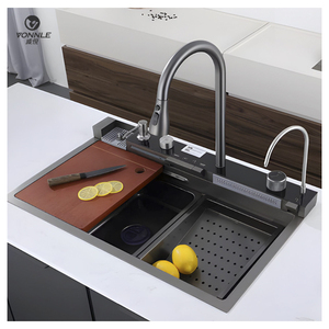<span class=keywords><strong>Fregadero</strong></span> de Cocina de Lujo Moderno Hecho a Mano Ecológico JINHONG JG de Cinco Orificios, <span class=keywords><strong>Oculto</strong></span>, Negro, Acero Inoxidable 304, Cascada Única - Product Image 2