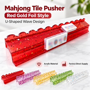 Juego de Mahjong Americano de Acrílico Rojo con Lámina Dorada, Regla y Empujador con Ranuras Onduladas para 4 Jugadores, Plegable - Product Image 1