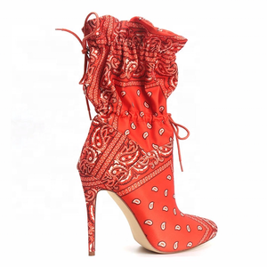 Large Size 43 Bandanna Pointed Toe Women Short Booties Lace up Thin High Heel Ladies Pumps <b>Shoes</b> Ankle Boots - Product Image 3