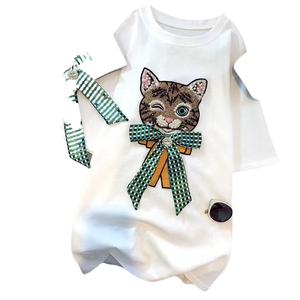 Camiseta de Verano Casual de Manga Corta para Mujer, Estilo Holgado, con Lazo de Gato con Cuentas y Diamantes, Geométrica, de Chifón, Lisa - Product Image 1