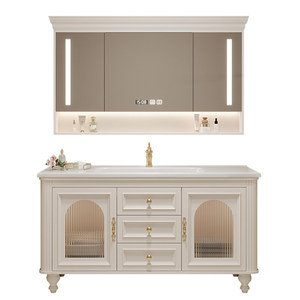 Mueble de Baño de Roble Estilo Americano Color Crema Francés con <span class=keywords><strong>Espejo</strong></span> Inteligente, Lavabo Integrado de Cerámica Impermeable y Superficie de Piedra - Product Image 6