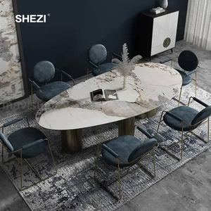 Shezi cao cấp hiện đại sống đồ nội thất ý đá cẩm thạch nhân tạo Top oval vòng kim loại cơ sở bàn ăn cho nhà - Product Image 3