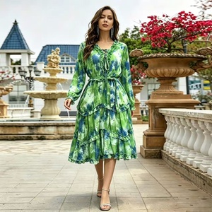 2026 New Fashionable Tie Dye Pleated Flute Women's <strong>Dress</strong> <strong>with</strong> Long <strong>Sleeves</strong> and V-neck Layered <strong>Chiffon</strong> <strong>Dress</strong> for Casual Parties - Product Image 3