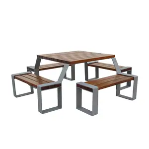 Muebles de jardín al aire libre plástico reciclado mesa de picnic de madera y asiento de Banco patio público comercial mesa de comedor de madera de 8 plazas