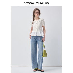 VEGA CHANG Camicetta <span class=keywords><strong>Bianca</strong></span> con Bordo in <span class=keywords><strong>Pizzo</strong></span> e Collo a O per Donne, Manica Corta, Orlo con Volant, Bottoni Frontali, Top Casual con Peplum - Product Image 3