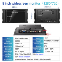 Monitor de marco abierto industrial LCD de pantalla ancha de 8 pulgadas 1280*720 con interfaz AV VGA BNC de 1/2"