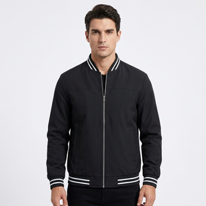 Blouson bomber unisexe noir, couleur unie, col montant, fermeture éclair sur le devant, vêtement d'extérieur décontracté, coupe régulière, spandex/fibre de bambou - Product Image 1