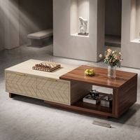 Table basse moderne de luxe en bois bicolore avec tiroirs à motif chevron et étagère de rangement ouverte pour salon et mobilier de villa