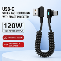 Câble de données USB Type C avec LED 6A, 120W, coudé, USB-A vers TYPE-C, câble de charge rapide PD à ressort pour téléphone et appareils électroniques domestiques