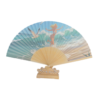 Éventail en bambou traditionnel personnalisé avec motifs floraux peints, design DIY sport/ange, portable, idéal pour événements promotionnels et souvenirs.