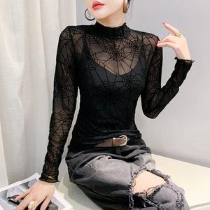 Autunno nuova t-Shirt a collo alto aderente a forma di <span class=keywords><strong>ragno</strong></span> floccante a manica lunga da <span class=keywords><strong>donna</strong></span> Sexy alla moda con camicia piccola - Product Image 2