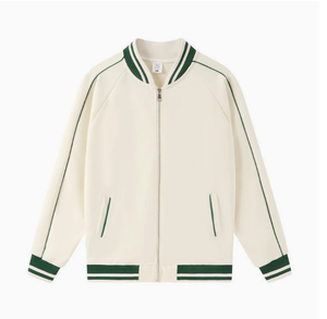 Chaqueta Cortavientos Impermeable Color Crema con Bloques de Color y Cremallera, Chaqueta Deportiva de Béisbol con Mangas Raglán a Rayas Verdes para Exteriores - Product Image 1