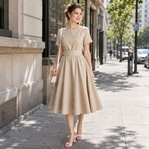 Gonna a Ruota in Lino Organico Naturale Beige Personalizzata di Lusso per Donna, Stile Retrò Vintage Anni '50 con Maniche <span class=keywords><strong>Barto</strong></span> Leader - Product Image 4