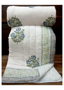 Boho Style Hand Block Printed Cotton <b>Quilt</b> <b>Double</b> Bed Floral Design Handmade Washable All Season Home Use India Made - Product Image 1