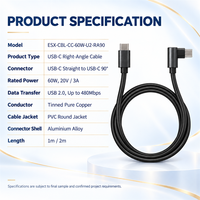 Câble de charge rapide USB C vers USB C 60W OEM ODM, câble de données Type C à angle droit de 90 degrés pour manette de jeu, ordinateur portable, téléphone portable