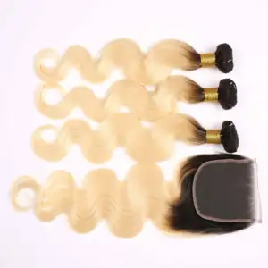 Peruk uzantıları için ucuz kemik düz dalga kıvırcık saç demetleri #613 # T1b/sarı insan saçı atkı