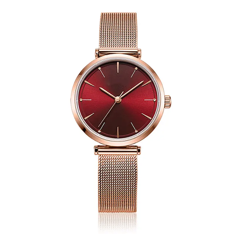 New Luxury Red Dial Stainless Steel Wrist Japan Movement Minimalist Mesh Custom Quartz Watches Woman