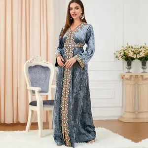 Femmes Broderie Florale Marocaine Caftan Ceinture Manches Longues Velours de Luxe Ourlet Fendu Slim A-Line Party Dresses