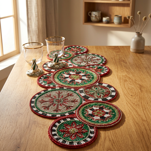 Embroidered Geometric Table <b>Runner</b> <b>Red</b> Green Traditional Cloth Home Decor Washable - Product Image 2