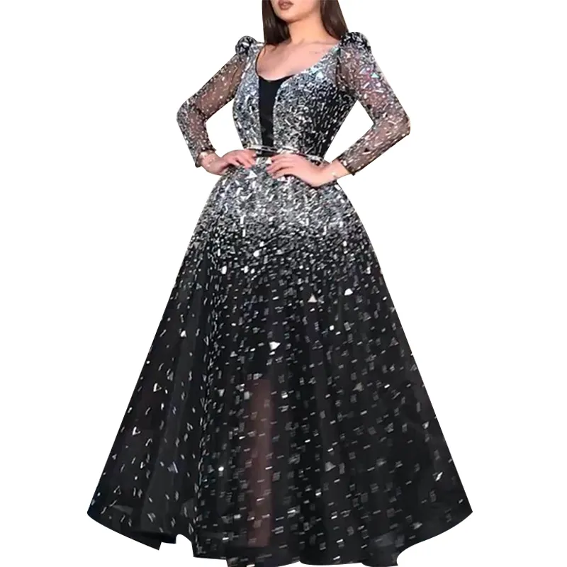 2020 women's high-end fashion black tulle long sleeve Sequin round neck swing dress evening dress