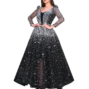 Женское платье из черного тюля, вечернее платье с длинным рукавом, круглым вырезом и блестками, 2020