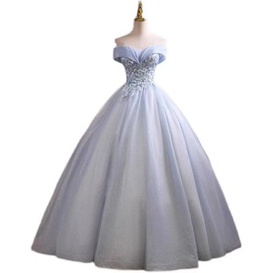 Off The Shoulder Tulle Ball Gown Light Blue Floral Print Empire Waist Evening Dress For Spring Summer Events - Product Image 5