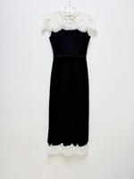 Robe noire ajustée pour femme avec col rabattu, patchwork de dentelle blanche française, col à nœud, manches courtes, élégance et tempérament