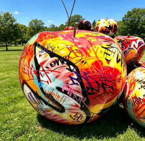 Scultura da Giardino per Esterni, Grande Statua di <span class=keywords><strong>Frutta</strong></span> in Fibra di Vetro e Resina, Mela Astratta con Graffiti, per Decorazione - Product Image 1