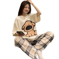 Ensemble de pyjama d'été pour femmes à manches courtes, thème dessin animé, respirant, en polyester, pantalon long, design mignon, nouvelle collection 2025