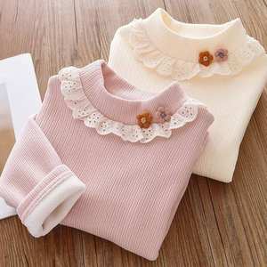 Maglietta invernale in stile Casual da 2025 ragazza graziosa maglietta con collo alto foderato in pile spessa Base Top per bambini a strisce - Product Image 5