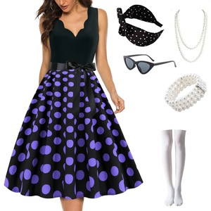 Abito estivo da donna Vintage a pois nero Pinup con scollo a V abiti da festa Rockabilly abiti al ginocchio Robe <span class=keywords><strong>Midi</strong></span> - Product Image 4