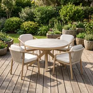 Outdoor Modern <b>Round</b> Dining <b>Table</b> Set with 4 Teak Chairs Cushioned Seating Wood <b>Garden</b> Furniture for Patio Terrace - Product Image 3