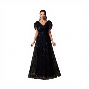 High End Texture Slim Fitting V Neck <b>Flare</b> Sleeve Glitter Embroidery A-Lined Ruffles Hem Maxi Gown Backless Anti-Wrinkle Evening - Product Image 2
