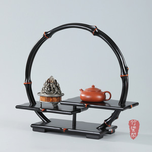 Bamboo Desk Display Shelf Lacquered Round Tea Set Storage Rack Chinese Style Teacup Holder - Product Image 5