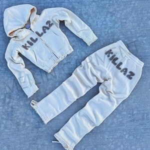 Custom <b>Zip</b> <b>up</b> Hoodie and Jogger Pants Set Cotton French Terry Distress Embroidery Logo <b>Cropped</b> Sweatsuit Set Tracksuit for Women - Product Image 1