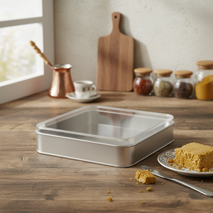 Kontensan Square Tin Can 2 Lt Halva Metal <b>Container</b> with Crystal Lid 215x215x45 mm Model L313 Turkey Origin - Product Image 3