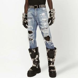 Pantalones de mezclilla vintage de alta calidad, duraderos, con corte semi-acampanado y efecto salpicado de pintura para hombre - Product Image 3